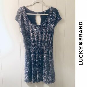 Lucky Brand mini dress cap sleeve boho print blue cream drawstring waist Small